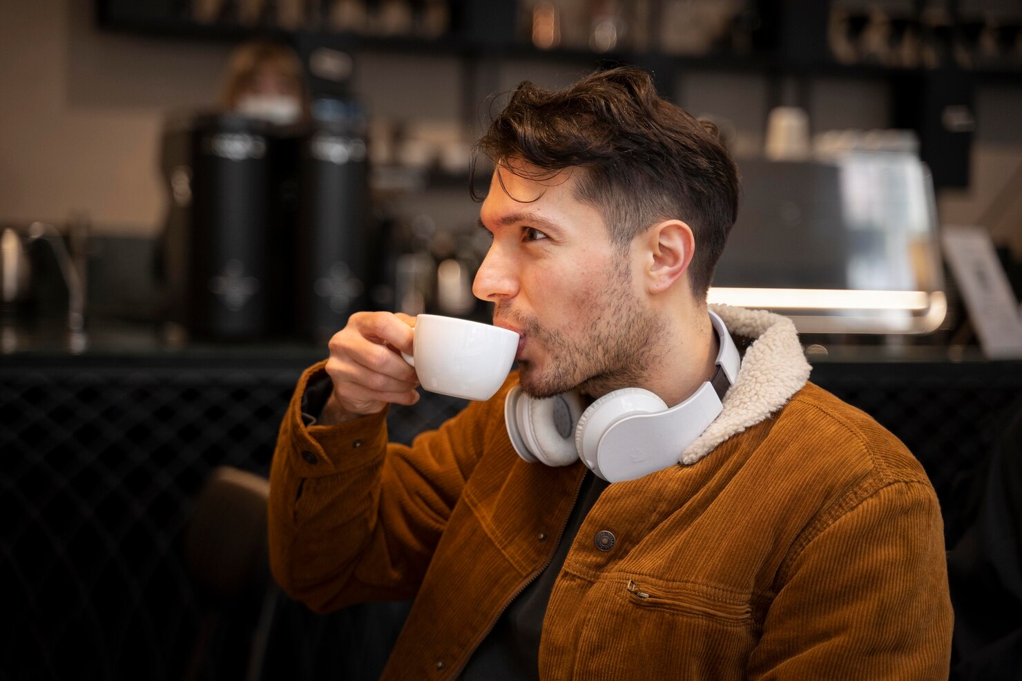 A man wearing a brown corduroy jacket with a shearling collar sits in a café, holding a white coffee cup near his mouth as if about to take a sip. White over-ear headphones rest around his neck. The background features a coffee bar with large coffee dispensers, a blurred barista, and shelves with cups and equipment. The atmosphere is warm, casual, and relaxed, suggesting a quiet moment of leisure or contemplation in a modern coffee shop.