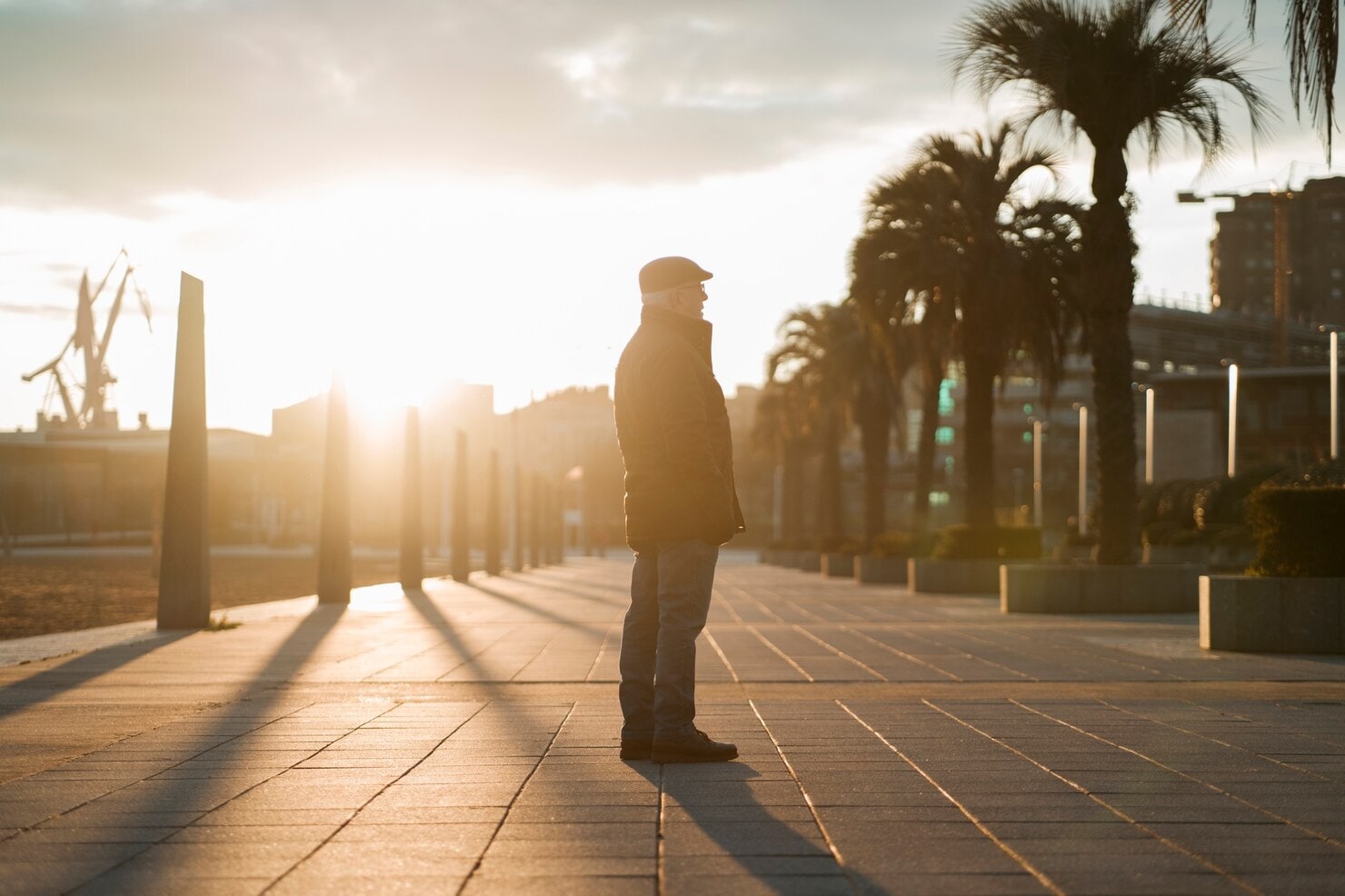 A person stands on a city promenade as low morning sun casts long shadows.