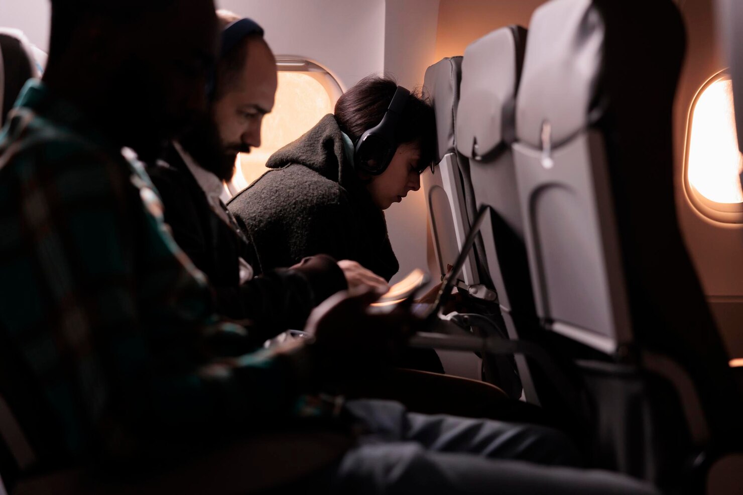 Three people seated in an airplane row during a flight. The person in the middle is wearing headphones and resting their head against the seat in front, while the person closest to the camera is holding a smartphone or tablet. The airplane cabin is dimly lit with warm light coming through the windows, creating a calm and quiet atmosphere.