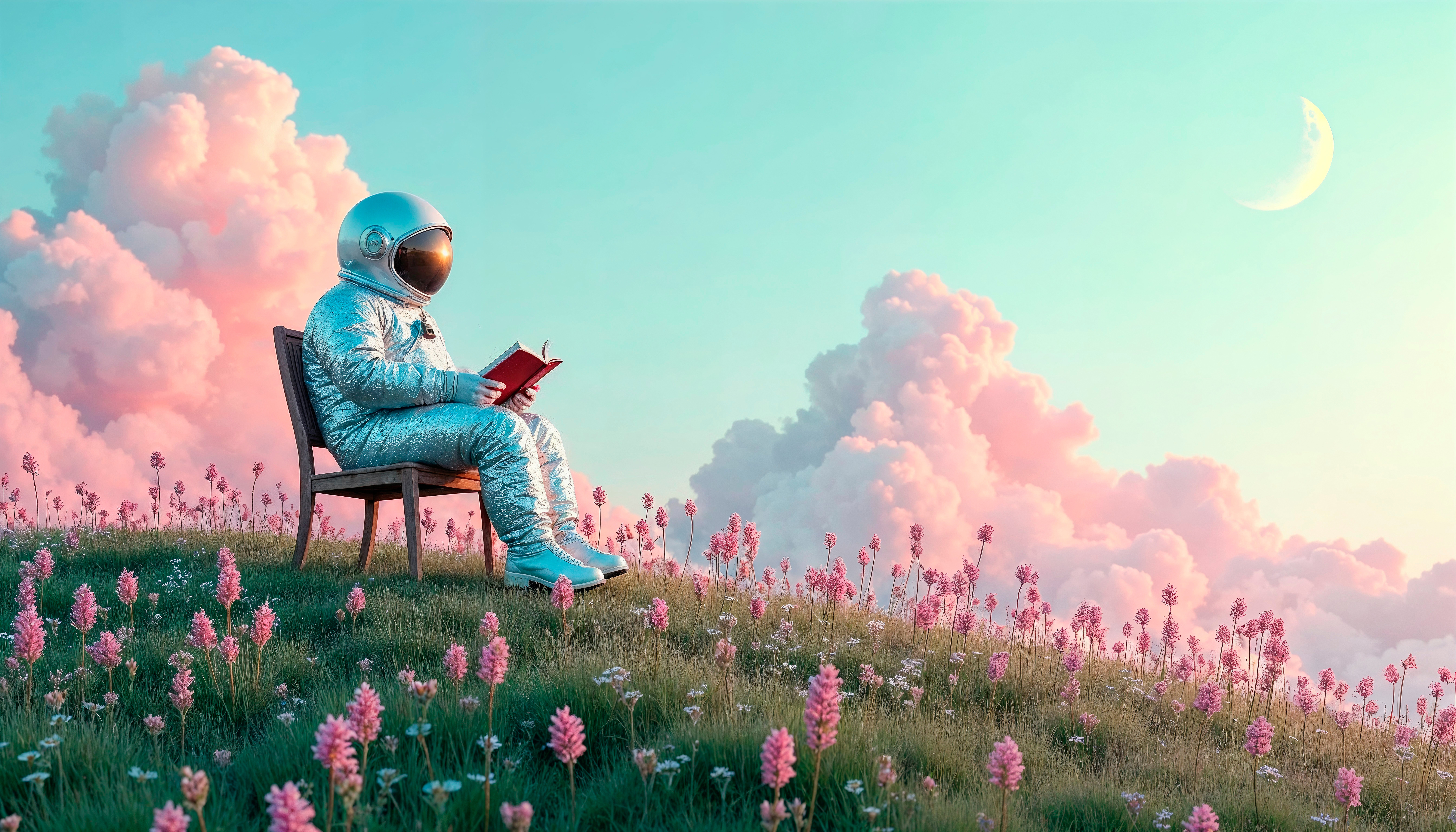An astronaut in a silver spacesuit sits on a wooden chair atop a grassy hill covered in pink wildflowers, reading a red book. The sky is pastel blue with fluffy pink clouds and a crescent moon, creating a dreamy and tranquil atmosphere.
