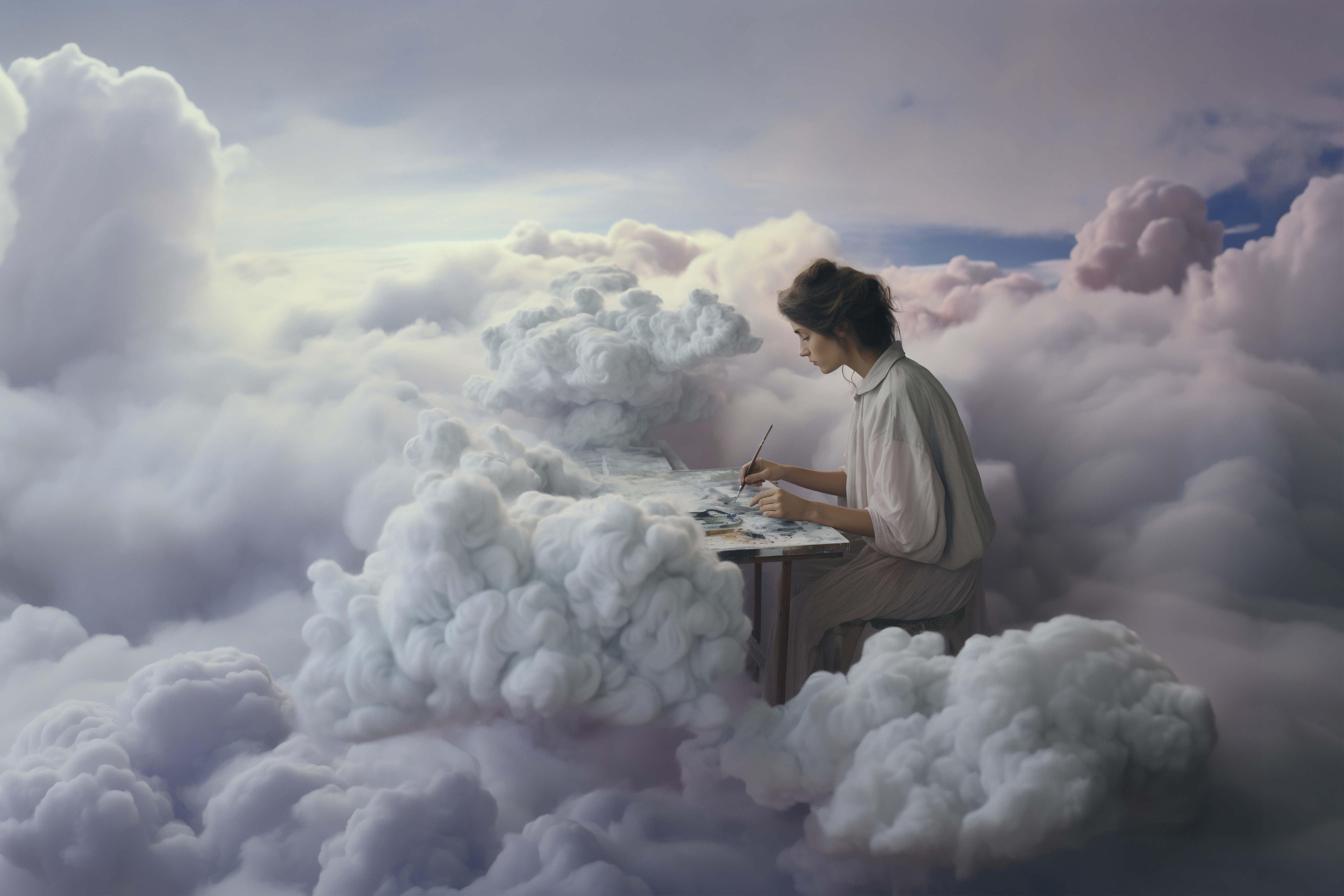 A person sits at a desk surrounded by fluffy clouds, painting on a canvas with a brush. The environment is dreamlike and ethereal, with soft pastel colors and billowing clouds filling the scene. The emotional tone is imaginative and serene, evoking a sense of creativity and tranquility.