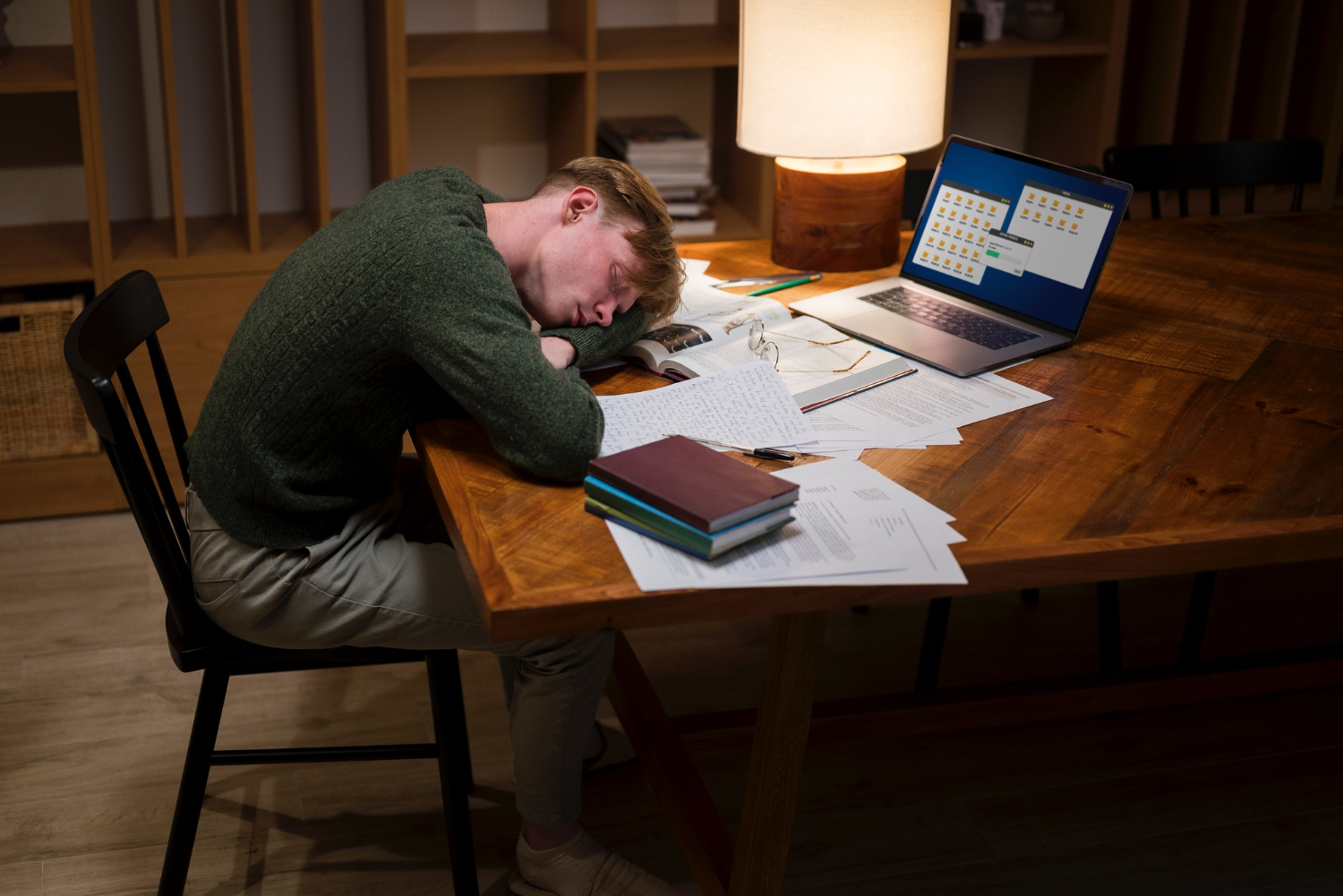 A person wearing a green sweater sits slumped over a wooden table, resting their head on their arms amid scattered papers, notebooks, and books. An open laptop with file folders displayed on the screen and a lit desk lamp are nearby, casting a warm glow over the workspace. The environment suggests late-night studying or working, with a mood of exhaustion and overwhelm.
