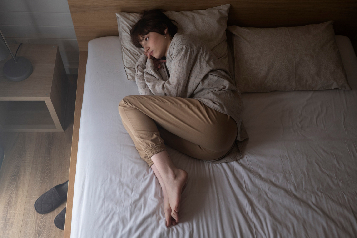 Person lying awake in bed at night with a hand on their forehead and eyes open, appearing frustrated and emotionally drained. Soft bedroom lighting and a dark, quiet room surround them, creating a tense and contemplative nighttime atmosphere.